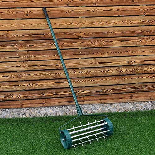FANTASK Rolling Lawn Aerator, 18 Rotary Push Tine Spike Soil Lawn Aerator Gardening Tool with 3-Piece Long Steel Handle for Garden Yard, Grass Aerator