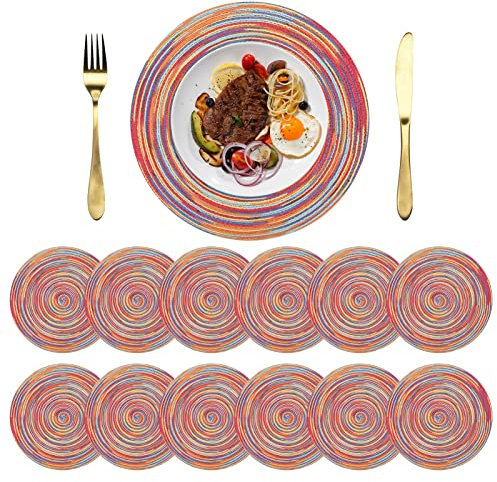 NAKIHOUSE Tischsets Abwaschbar Rund Geflochten Tischset 12er Set, 38cm Rund Platzsets Abwischbar, rutschfest, Hitzebeständig Schmutzabweisend Beige Platzdeckchen für Hochzeit, Restaurant, Küche
