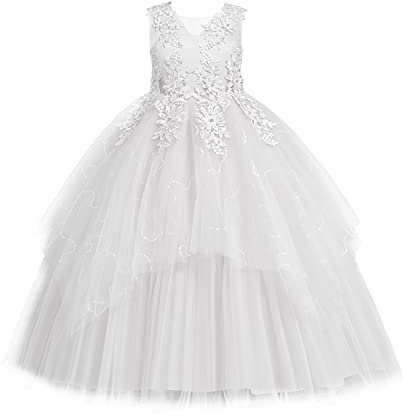 LOLANTA prinsessklänning för flickor, vit, festlig, bröllop, nattvard, blomsterflicksklänning, festtåg, party, A-linjer, golvlånga balklänningar av satin och tyllklänning, broderade spetspärlor, Vit,