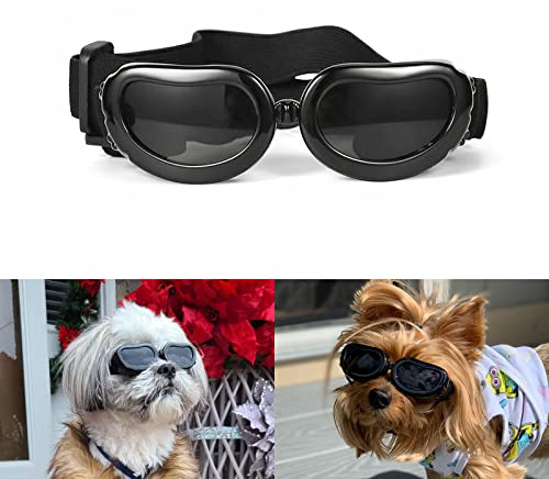 Dog Sunglasses Small Breed, UV Protection Small Dog Goggles, Wind Dust Proof Small Goggles with Adjustable Straps, Black