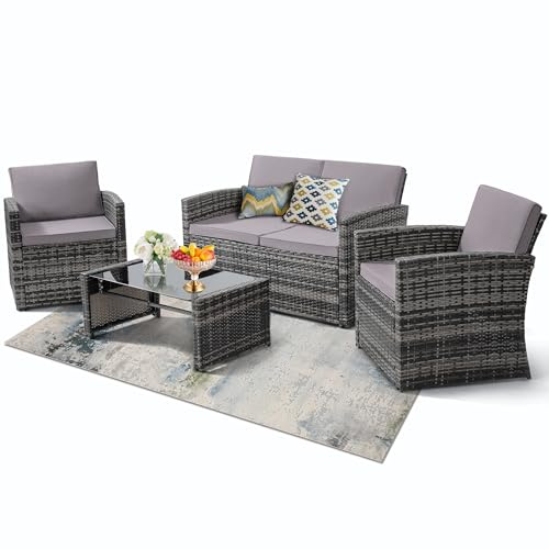 KROFEM 4-Piece Patio Furniture Set, Wicker Outdoor Rattan Sectional Sofa with Cushions and Glass Table, All-Weather Outdoor Conversation Set, Ideal for Garden, Porch, Backyard, Grey