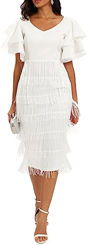 VERWIN Women's Fringe Maxi Dress High Waist V Neck Tiered Tassels Ruffles Sleeve Bodycon Prom Dress M White