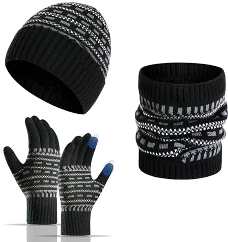 GEEKEO Gorro Invierno Hombre con Guantes y Bufanda, Set de Bufanda, Gorro y Guantes con Pantalla Táctil Beanie de Lana Gorro de Punto Braga Cuello con Forro Polar Regalos Conjunto para Hombre Mujer