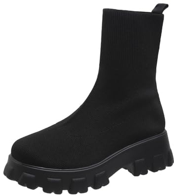 Bottes en tricot extensible pour femme, bout rond, talons carrés, chaussettes, bottes Chelsea à plateforme, bottes élastiques à talon moyen, bottes tricotées à enfiler, chaussettes antidérapantes