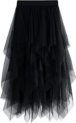 Tüll-Netzstoff-Rock für Damen, A-Linie, elastisch, hohe Taille, gestufter Lagenrock, Ballett, Abschlussball, Party, Tüll-Tutu, Midirock, A-schwarz, Einheitsgröße