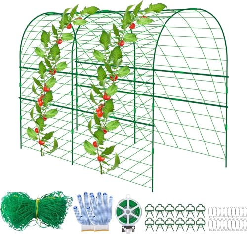 47x 47 Inch Garden Cucumber Trellis- Metal Arch Melon Trellis - Climbing Plant Grow Support Stand- Foldable Garden Tunnel with Climbing Net Clips for Growing Vine Vegetable