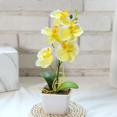 HpLive Orchids Artificial in Pots, Artificial Flowers in Pot, Simulated Flower, 5 Heads Phalaenopsis, Small Bonsai for Wedding, Party, Table Toppers, Flower Arrangement, Home, Kitchen Decor (Yellow)