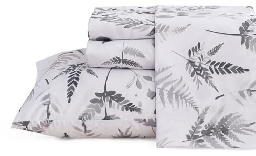 JSD Boho Floral Duvet Cover Set Queen Size 4 Pieces Herb Ferns Printed Microfiber Deep Pockets Grey