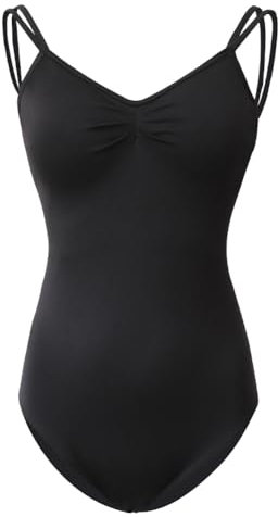 ROYAL SMEELA Ballett Trikot mit BH für Damen: Spaghettiträger, Nylon, Schwarz, S, Einfarbig, Erwachsene, Damen, LEOTARD, Ärmellos, V-Ausschnitt, Racerback