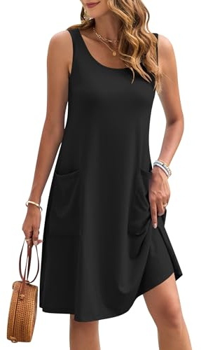 AUSELILY Vestido de Verano para Mujer sin Mangas y hasta la Rodilla | Vestido playero casual corte en A con bolsillos Vestido ligero sin mangas con cuello redondo Verano Vacaciones