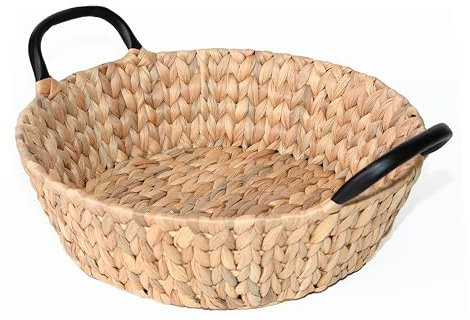 Wickerfield Water Hyacinth Storage Basket for Shelves Wicker Gift Hamper with Black Handle Small Home Office Bathroom Organizer (Round, Large)