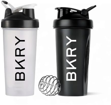 bvkhary Protein Shaker Bottles (2-Pack) – Classic Shaker Cups with Handles, Ideal for Pre & Post-Workout - Protein Mixes, BPA-Free, Wire Whisk, 600ml (20oz), Black & Clear