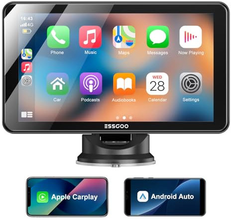ESSGOO A-pple CarPlay & Android Auto,Pantalla CarPlay IPS de 7 Pulgadas,con función Super Link,Compatible con Sistema Manos Libres Bluetooth,Siri/G-oogle Assistant y Puerto de Carga USB