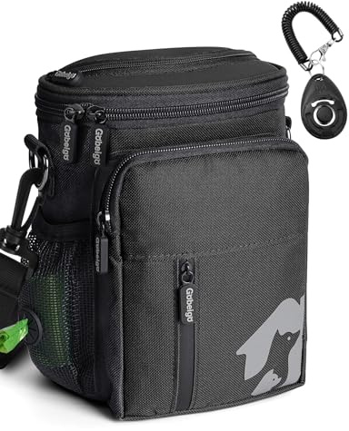 Gobeigo 8 Cup Dog Treat Pouch and Training Clicker, Dog Walking Bag with Phone Holder, Built-in Poop Bag Dispenser, 3 Ways Wearable Pet Fanny Pack for Outdoor Travel (Full Black)