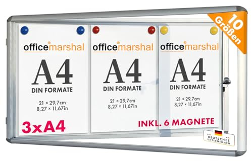 OfficeMarshal Vitrine 3 x A4 avec 6 aimants Boîte à suspendre magnétique et inscriptible avec cadre en aluminium et verre acrylique