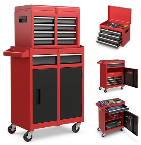 TANGZON Rolling Tool Chest, 2-in-1 Large Capacity Tool Cabinet with Wheels, 5 Drawers & Auto-Locking System, Heavy-Duty Metal Toolbox for Workshop, Warehouse, Garage (Black + Red)