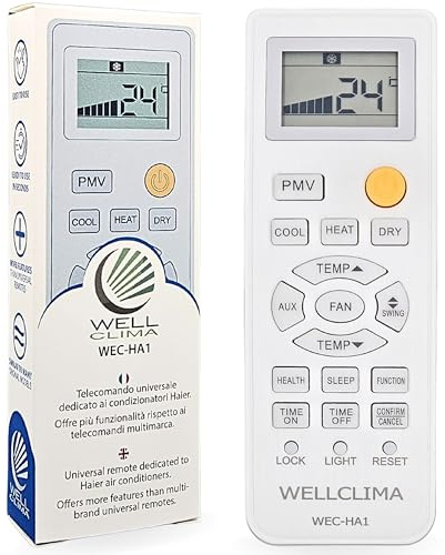 Wellclima WEC-HA1 Telecomando Condizionatori per Haier, per HEC, per Candy, più completo degli universali, pronto all’uso con Funzioni Speciali, per Climatizzatori, Inverter e Pompa di Calore