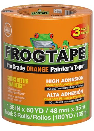 FrogTape ProGrade Orange Painters Tape, 2 Inch Wide (1.88 in. x 60 Yds), High Adhesion, Paint Tape for Indoor & Outdoor Applications, Orange, 3 Rolls (105673)