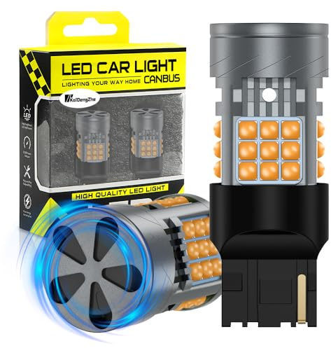 KaiDengZhe 7440 T20 Bombilla LED con Ventilador de Refrigeración, 2 PZ CANBUS Sin Errores 500% Brillo 3000LM Ámbar 992 7443A W21W LED para DRL Luz de Respaldo Luz de Intermitente Luz de Freno