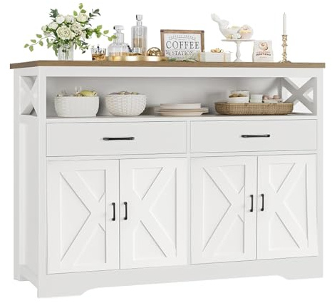 MASAJIA Credenza Cucina Bianco, Madia 140x40x105 cm con 2 Cassetti,Scomparto Aperto e Ripiani Regolabili - Buffet Mobile de Cucina Bassa per Sala da Pranzo(MDF)