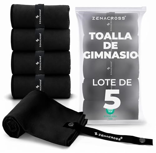 ZENACROSS Toalla Microfibra, Lote de 5, 40 x 77 cm - Secado Rápido y Absorbente - Toalla Gimnasio para Gym, Senderismo - Negro