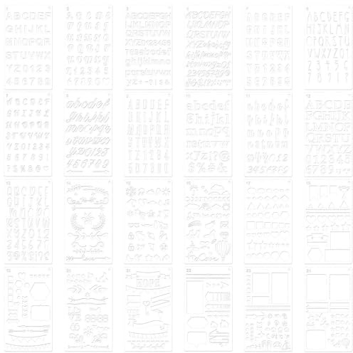 TONGIHS 24 Piezas Plantillas de Plástico con Diseños de Letras y Números Artísticos,Plantilla Letra Inglesa Reutilizables,Plantillas de Pintura de Letras y Números para Dibujo,Cuaderno, 17,2 x 10,1cm