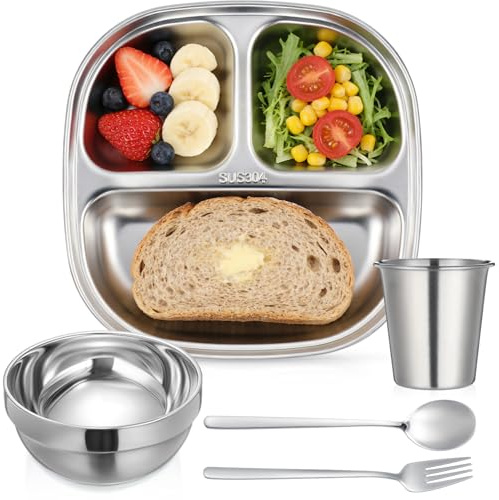 Tioncy 5 Pcs Stainless Steel Kids Dinner Set, Bowls, Balanced Bites Divided Plates, Cups, Spoons and Forks, Stainless Steel Lunch Plates Dinnerware Set for Kids Toddlers