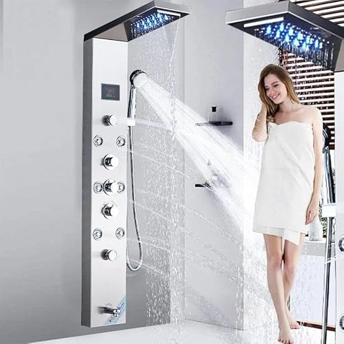 Llffssdg Columna de Ducha con Pantalla LCD, Sistema de Hidromasaje 3 en 1, Acero Inoxidable Cepillado, 117x21x17 cm, Cabezal de Lluvia 20x20 cm, Montaje en Pared