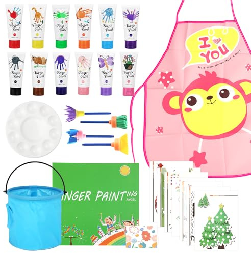 TOSUTO 51Pcs Peinture au Doigt Lavable pour Enfants,Non Toxique Kit de Peinture Doigt avec Pinceaux,Palette,Tablier Accessoire Peinture Enfant,12 Couleurs,Kit Peinture Enfant Bas Âge Education Précoce