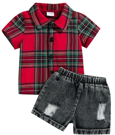 JENJON Conjunto Verano para Bebé Niño Pequeño Manga Corta Bordado de Elefante a Rayas Camiseta y Pantalones Cortos de Mezclilla 2 Piezas Primavera Ropa de Trajes Rayas rojas 6-12 Meses
