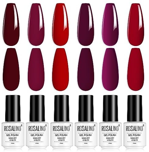 ROSALIND Smalto Semipermanente Unghie, 6 Colori Rosso Rubino Rosso Profondo Smalti Semipermanenti per Unghie Soak-Off Smalto Gel Unghie UV per Principianti