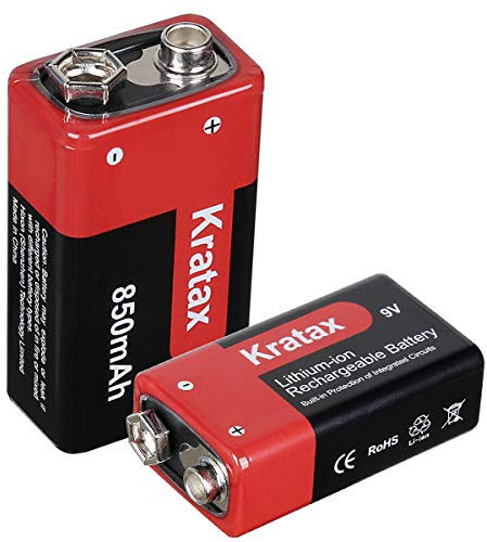 9V Rechargeable Li-ion Battery,Kratax 850mAh 9V Battery Rechargeable,2 Pack 9V Batteries with Protection Board for Smoke Detector Alarm,Fire Alarm,Multimeter,Radio Microphone,Kids Toys Battery