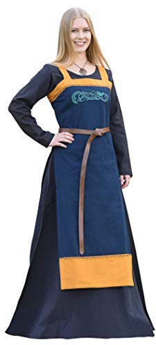 Battle-Merchant Hilja - Damer vikingaklänning - medeltida snörklänning med broderier - LAJV-klädsel av bomull - blå/senapsgul eller röd/petrol - stl. S-XXL - blå - L