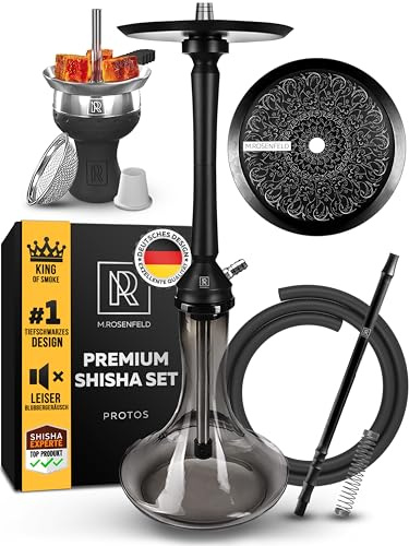 M. ROSENFELD Shisha-set komplett PROTOS - 75 cm vattenpipa-shisha-set med plug-in skål, coolt utblåsningssystem, stängd kammare, rostfritt nedsänkningsrör, skorstenshuvud, shisha-slangsats (slim svart)