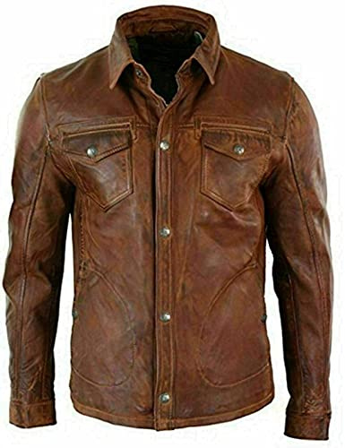 HiFacon Camisa negra ligera para hombre, con brazos largos, de piel auténtica, para motociclista, Marrón - Camisa de cuero, Large