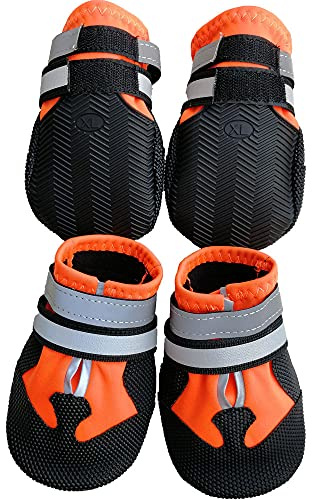 Leeko Hundskor, 4-pack vattentäta snöskor tasskydd med halkfri sula, reflekterande remmar, kardborreband, hundskor snöstövlar för små, medelstora, stora hundar, Orange (M)