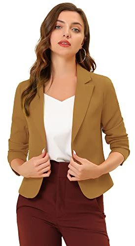 Allegra K Women's Open Front Office Work Business Casual Lightweight Summer Crop Suit Blazer Medium Dark Khaki-Solid