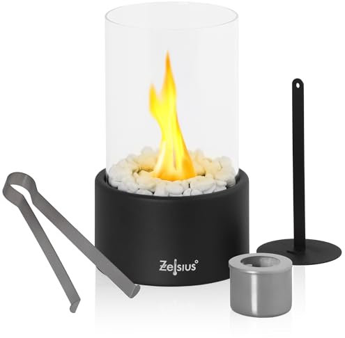 Zelsius Tischkamin für Indoor und Outdoor | Schwarz | Ø 16,5 x 27 cm | Freistehender Bioethanol Kamin mit weißen Dekosteinen | Tischfeuer, Feuersäule, Balkon Deko Kamin, Gartenfeuer, Standkamin