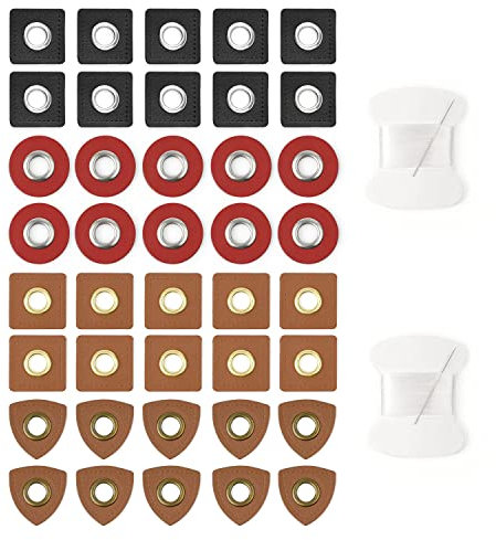GEBAUM 4 Arten von Ösenpatch 40 Stück, Schickes Leder Patch ist Frei kombinierbar, Kunstleder Ösen Patch wird mit 2 Rollen Nähgarn Geliefert, Geeignet zum Basteln oder Nähen von Kleidung