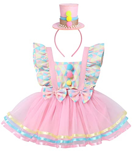 Baby Girls Carnival Costume Halloween Party Cosplay Outfits Toddler Newborn Flying Sleeve Square Neck Ruffle Bowknot Ball Circus Birthday Princess Tutu Romper Dress with Headband Pink 2PCS 18-24