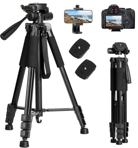 LINKCOOL Kamerastativ för Canon Nikon Sony, 65 cm aluminiumstativ med avtagbart huvud och telefonhållare och bärväska, lätt DSLR-stativ för smartphone/Vlog/streaming, maxbelastning 5,5 kg
