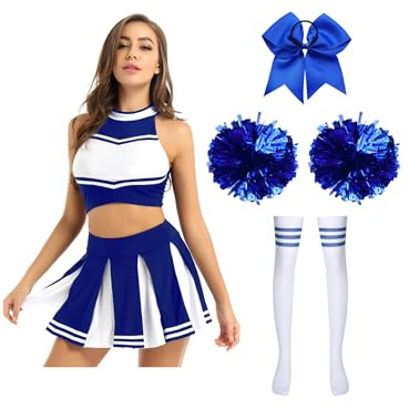 Hedmy Femme Uniforme Pom Pom Girl Robe De Cheerleading Costume Pom-pom Girl Crop Top Débardeur Jupe Pompon Tenue Halloween Carnaval Bleu B S
