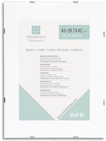 ENMARKALIA DECORACION Marco Clip A3 (29,7 x 42 cm) - cristal acrílico ultra resistente - soporte para fotos y laminas sin marco - fotos, diplomas, posters, laminas