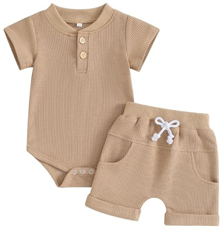 Carolilly Ensemble Bébé Garçon Eté de 2 Pièces, Body à Manches Courtes + Shorts Taille Elastique (0-18 mois)