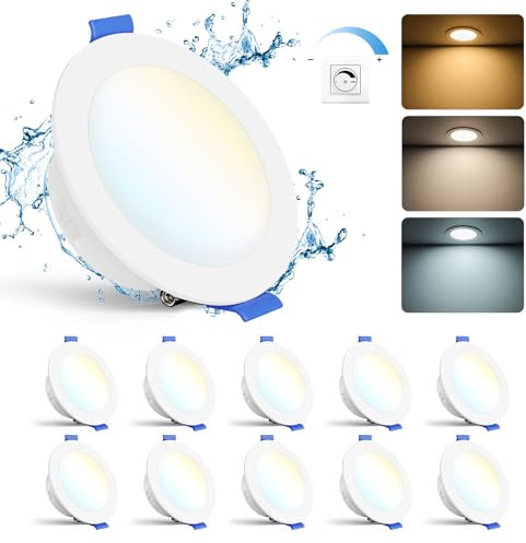 Gr4tec Spot LED Encastrable Dimmable, Lot de 10 6W Spot Salle de Bain IP65 Blanc Chaud 2700K Blanc Neutre 4000K Blanc Froid 6000K 700LM, Spots de Plafond Extra Plat Pour Salon Cuisine, Trou Φ68-80mm