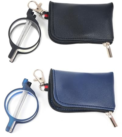 KoKoBin Folding round Reading Glasses with Telescopic Rod and Leather Case Keychain Small Portable Blue Light Blocking Reader for Men and Women (2 Pack （Black、Blue）, 2, Dioptres)