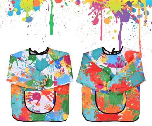 volumoon 2 Pezzi Grembiule da Pittura Bambini, Asilo per Grembiule per Bambini Maniche Lunghe con Tasche per Bambini 2-7 Anni Scuola Casa Cucina Scuola