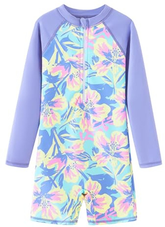 UMELOK Girls Rash Guard Long Sleeve One Piece Swimsuits Lavender,Flower,10Y