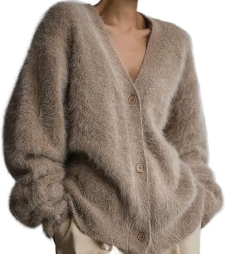 Flyhug Women's Fuzzy Mohair Sweater Button Down V Neck Long Sleeve Knit Tops Casual Lightweight Cardigan Jackets (1,S)