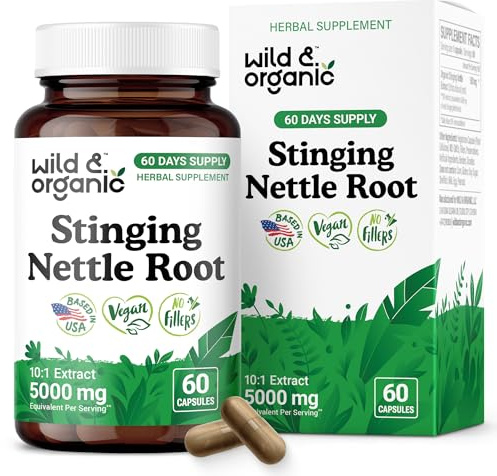 Wild & Organic Stinging Nettle Root Capsules - Stinging Nettle Root Extract for Urinary Tract Support - 60 Vegan Capsules - 60 Days Supply - Non-GMO, Gluten-Free, No Fillers